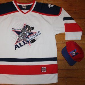 Vintage 90s Disney Mickeys All Stars  #28 Hockey Jersey + BNWOT Hat
